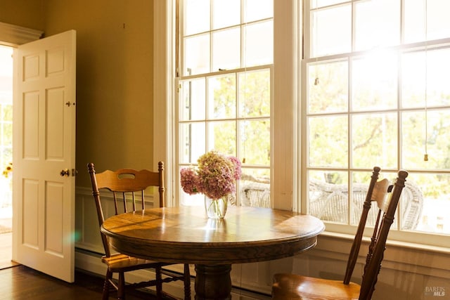 dining space with dark wood-type flooring