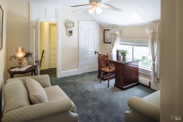 carpeted office space featuring a baseboard heating unit, ceiling fan, and vaulted ceiling