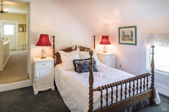 bedroom featuring dark colored carpet