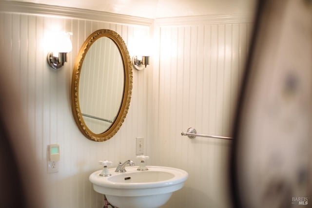 bathroom with wood walls and sink