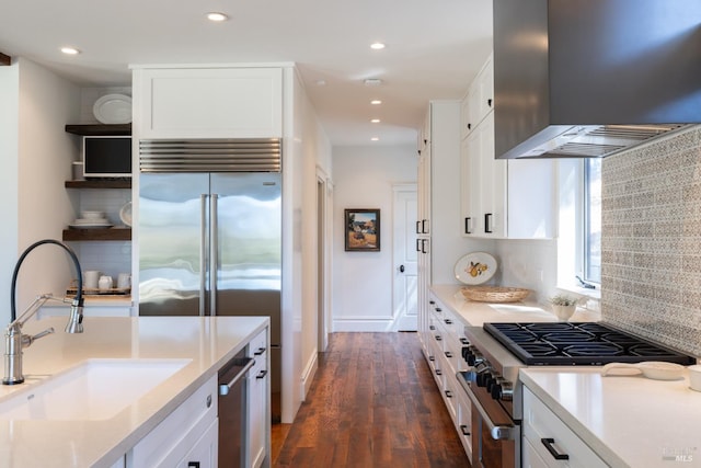 kitchen featuring white cabinets, a sink, premium appliances, wall chimney range hood, and dark wood-type flooring