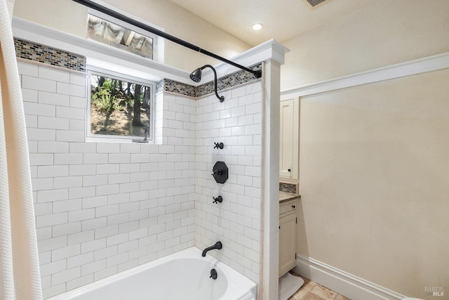 full bathroom with shower / bath combination with curtain, baseboards, vanity, and recessed lighting