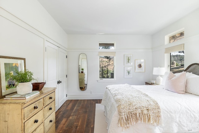 bedroom with a closet and dark hardwood / wood-style floors