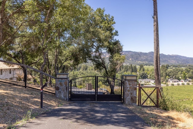 view of gate with a mountain view and fence