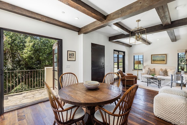 dining room featuring beamed ceiling, a healthy amount of sunlight, coffered ceiling, and dark hardwood / wood-style floors