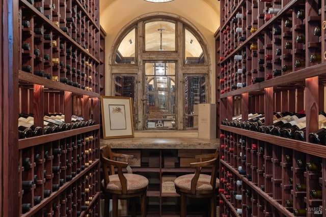 wine cellar with lofted ceiling