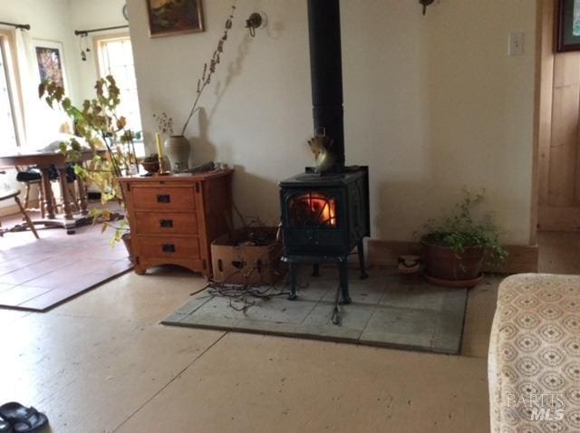 interior space featuring a wood stove