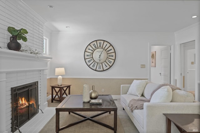 living room with light colored carpet, a fireplace, and crown molding