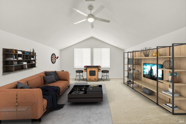 living room featuring carpet flooring, ceiling fan, and lofted ceiling