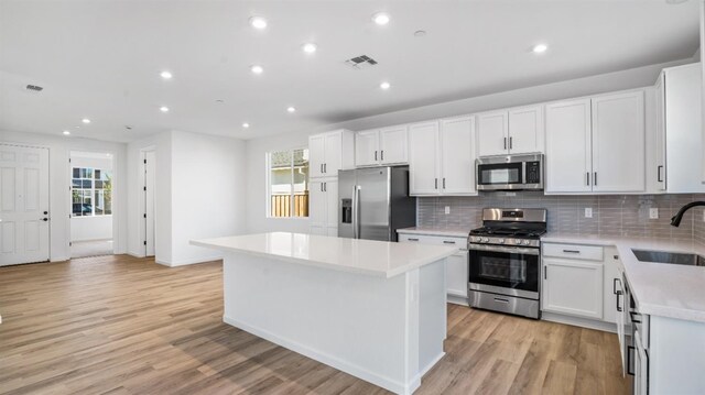 kitchen featuring sink, appliances with stainless steel finishes, white cabinetry, backsplash, and a center island