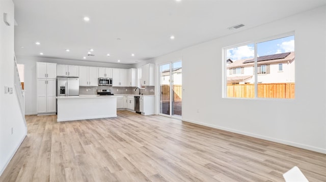 kitchen featuring white cabinetry, tasteful backsplash, a center island, stainless steel appliances, and light hardwood / wood-style floors