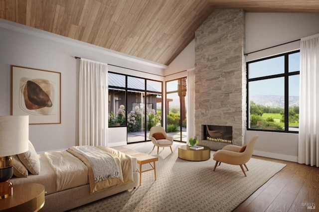 bedroom featuring a mountain view, high vaulted ceiling, access to exterior, a fireplace, and wood-type flooring