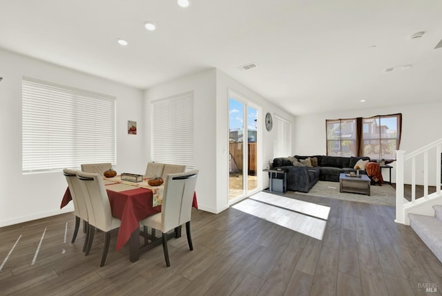 2464 Lake Club Dr, Fairfield, CA 94533 - dining area with recessed lighting, dark wood-type flooring, stairs, and visible vents