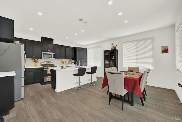 kitchen with appliances with stainless steel finishes, a kitchen island with sink, sink, decorative backsplash, and light wood-type flooring