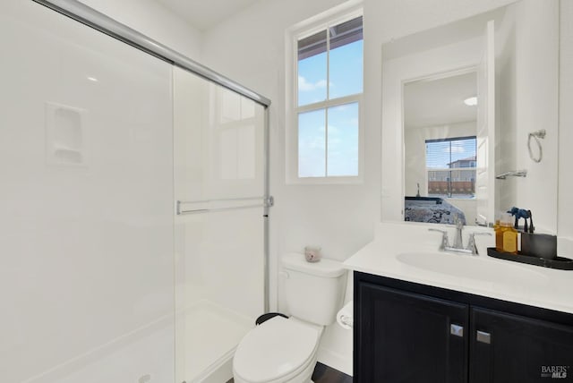 bathroom featuring a shower with door, vanity, and toilet