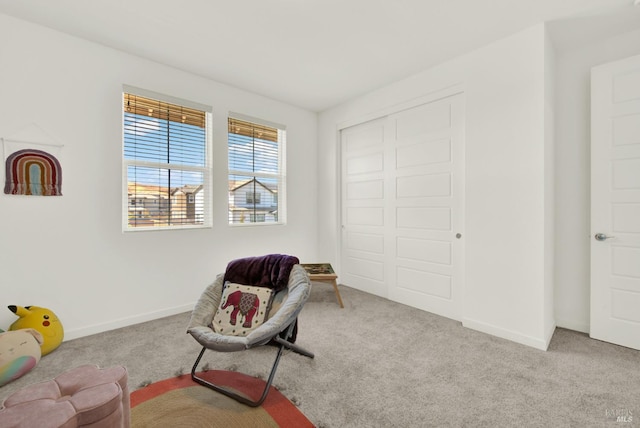 sitting room featuring light carpet