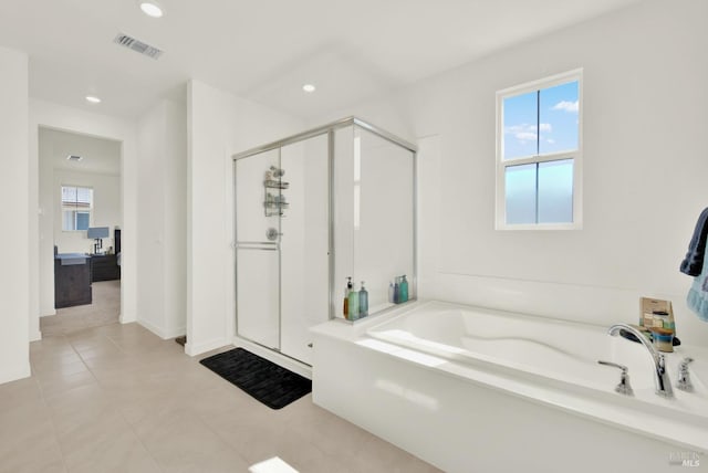 2464 Lake Club Dr, Fairfield, CA 94533 - full bathroom with a stall shower, tile patterned floors, a bath, visible vents, and recessed lighting