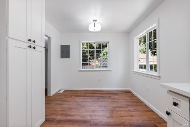 unfurnished dining area with electric panel and dark hardwood / wood-style floors