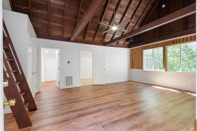 spare room with hardwood / wood-style flooring, ceiling fan, wood ceiling, and beamed ceiling