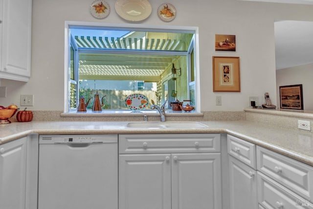 kitchen featuring sink, dishwasher, and white cabinets