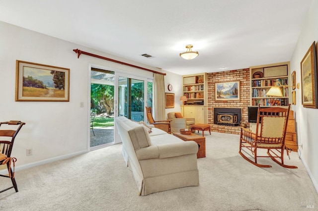 carpeted living room with built in shelves