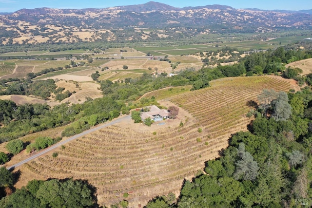 drone / aerial view featuring a mountain view and a rural view