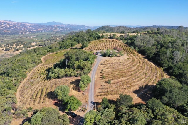 drone / aerial view featuring a mountain view and a rural view