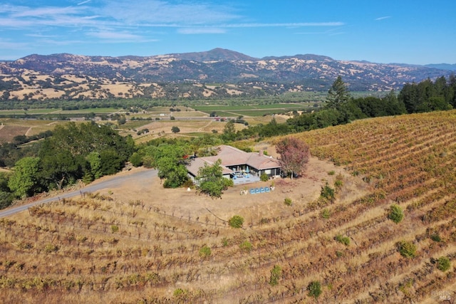 bird's eye view featuring a mountain view and a rural view