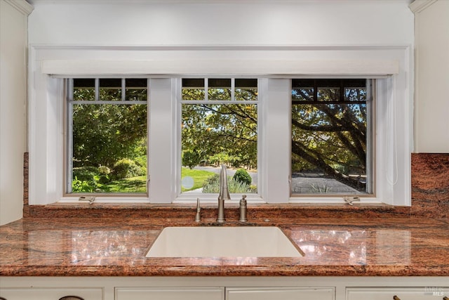 details featuring sink, white cabinetry, and dark stone countertops