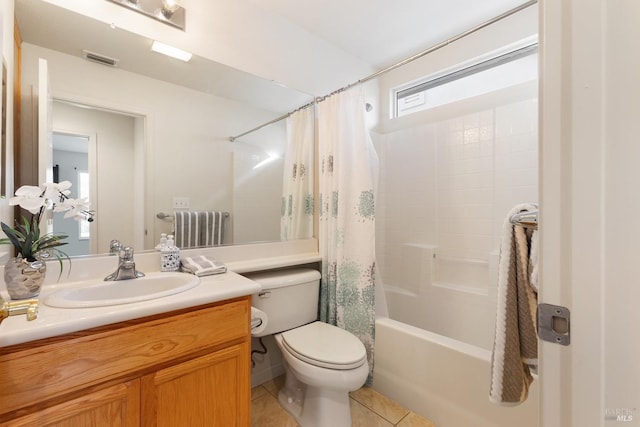 bathroom with toilet, radiator heating unit, shower / tub combo with curtain, tile patterned flooring, and vanity