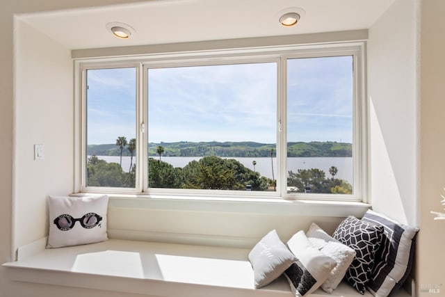 living area with plenty of natural light and a water view