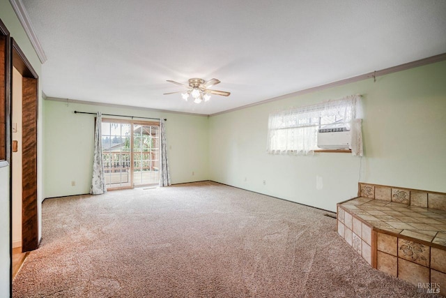 carpeted spare room featuring crown molding, cooling unit, and ceiling fan