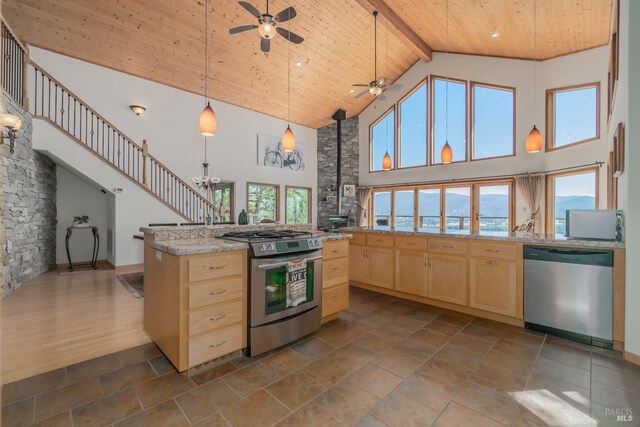 1280 W State Highway 20th St, Upper Lake, CA 95485 - kitchen with wood ceiling, a ceiling fan, light brown cabinetry, appliances with stainless steel finishes, and beamed ceiling