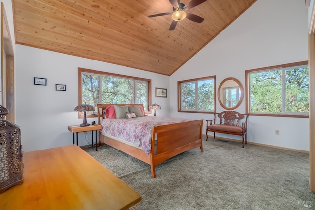 1280 W State Highway 20th St, Upper Lake, CA 95485 - carpeted bedroom with baseboards, high vaulted ceiling, wood ceiling, and a ceiling fan