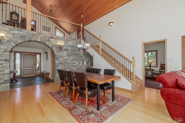 1280 W State Highway 20th St, Upper Lake, CA 95485 - dining space with stairs, arched walkways, wood finished floors, and wooden ceiling