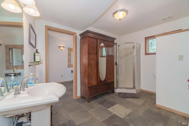 1280 W State Highway 20th St, Upper Lake, CA 95485 - full bath featuring baseboards, a shower stall, a sink, visible vents, and stone finish flooring