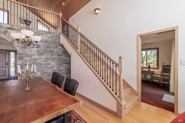1280 W State Highway 20th St, Upper Lake, CA 95485 - dining space featuring stairway, wooden ceiling, high vaulted ceiling, arched walkways, and wood finished floors