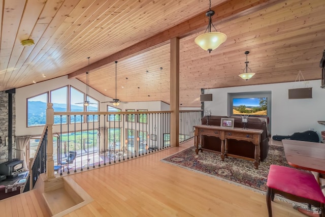 1280 W State Highway 20th St, Upper Lake, CA 95485 - home office with high vaulted ceiling, beamed ceiling, ceiling fan, wood finished floors, and wood ceiling