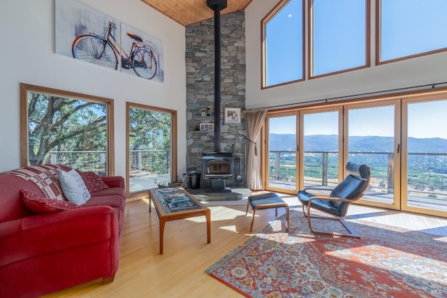 1280 W State Highway 20th St, Upper Lake, CA 95485 - living room featuring wood finished floors, a healthy amount of sunlight, a mountain view, and a wood stove