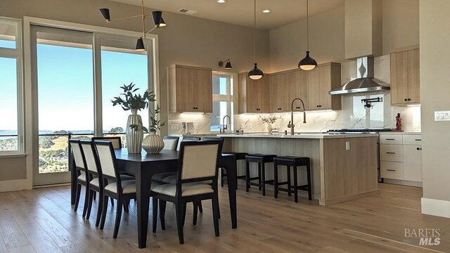 dining space featuring a healthy amount of sunlight, a towering ceiling, and light hardwood / wood-style floors