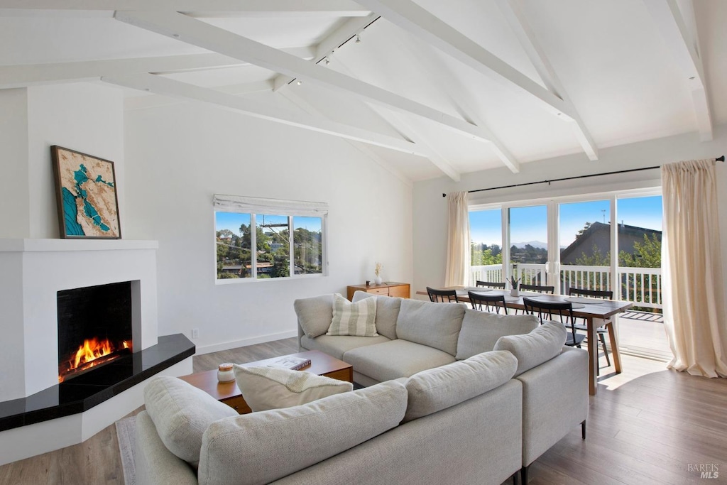 living room featuring high vaulted ceiling, wood-type flooring, beam ceiling, and a healthy amount of sunlight