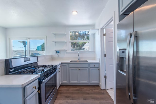 kitchen featuring stainless steel appliances, sink, dark hardwood / wood-style floors, and gray cabinets