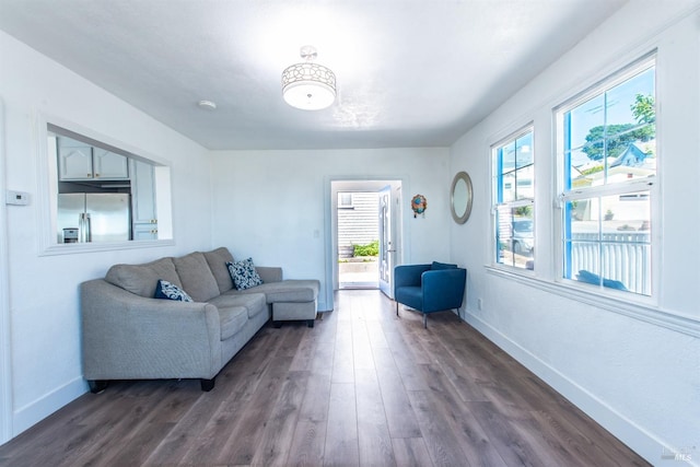 living room featuring a healthy amount of sunlight and dark hardwood / wood-style floors