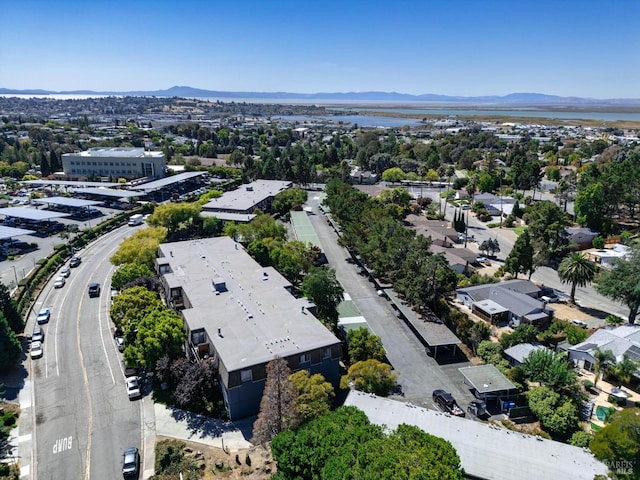 drone / aerial view featuring a mountain view