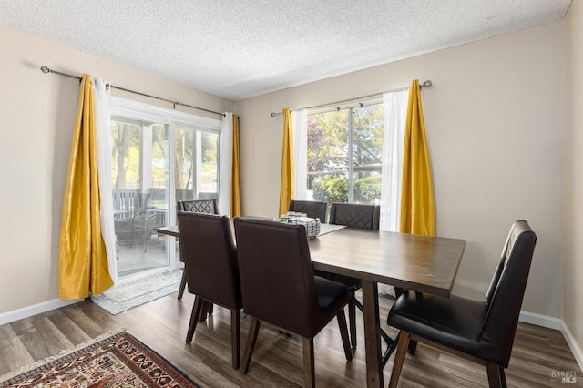 dining space with hardwood / wood-style flooring, plenty of natural light, and a textured ceiling