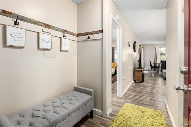 interior space with wood-type flooring and a textured ceiling