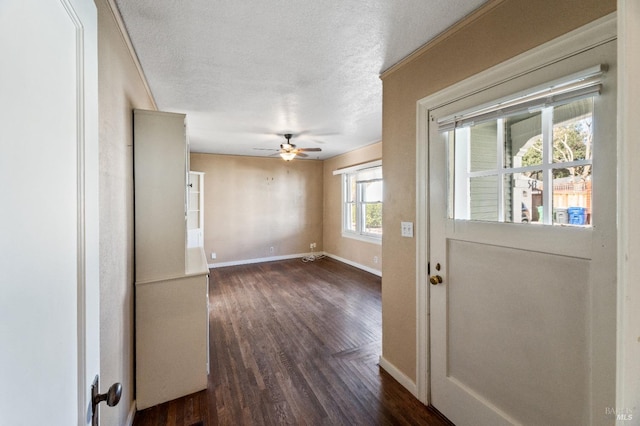 interior space with dark wood-type flooring, ceiling fan, and a textured ceiling