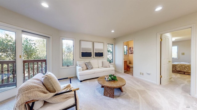 living room featuring light carpet