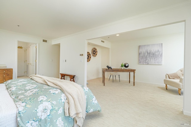 carpeted bedroom with ornamental molding