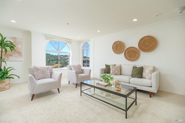 carpeted living room featuring crown molding